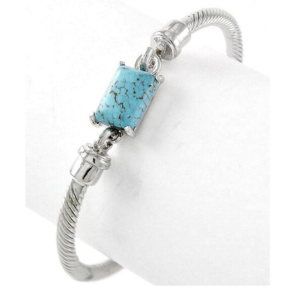 Cable Twisted Silver Tone Faux Turquoise Cuff Bracelet - Picture 1 of 3